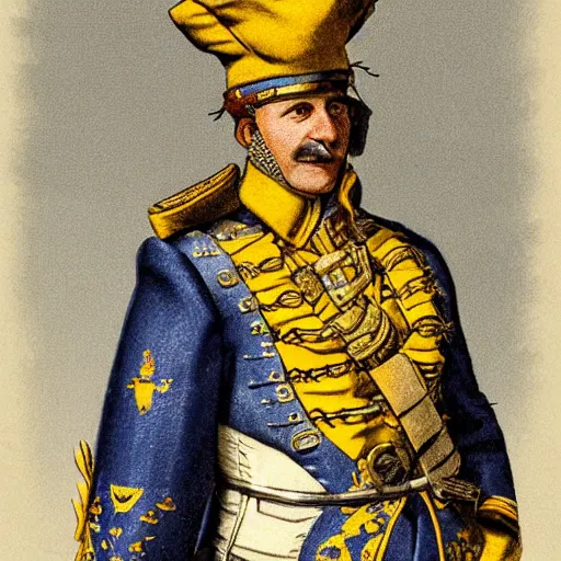 Image similar to high quality high detail character design of a colonial general, blue and yellow, photorealistic lighting