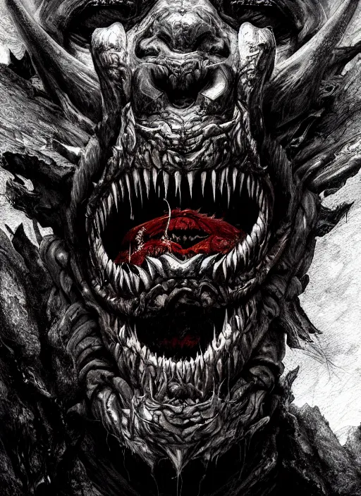Prompt: close up portrait of a monster in the mountains of hell, sharp teeth, oil painting by tomasz jedruszek, cinematic lighting, pen and ink, intricate line, hd, 4 k, million of likes, trending on artstation