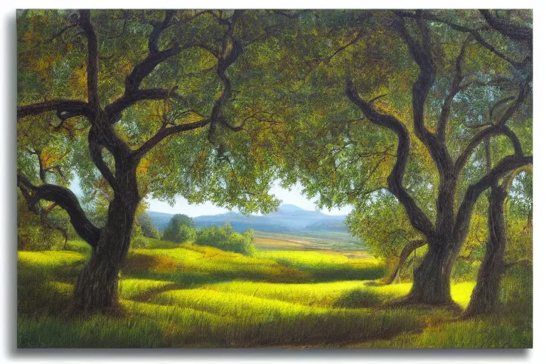 Image similar to masterpiece painting of oak trees on a hillside overlooking a creek, dramatic lighting, by charles santore