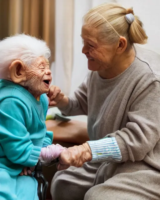 Image similar to stock photos of baby yoda visiting elderly people at a nursing home, hyperreal