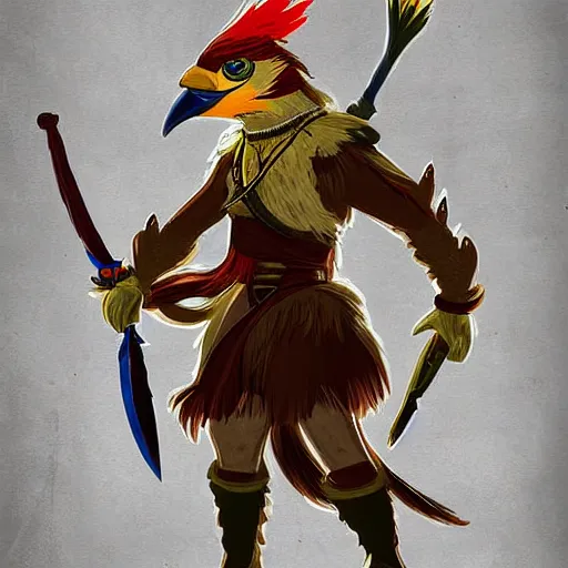 Image similar to avian leader in a army combat uniform created entirely of feathers holding a rapier with a bright red beak medieval theme rito breath of the wild, digital art, cinematic lighting