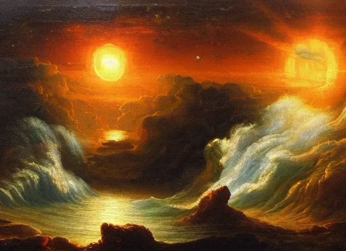 Image similar to the impact of the planet gaia on the earth, right before the moon forms, seas of fire everywhere. in the style of hudson river school of art, oil on canvas