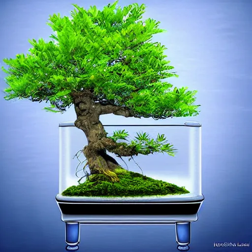 Image similar to A bonsai tree growing out of a fish tank, digital art