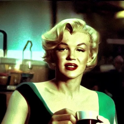 Image similar to a close - up, color cinema film still of a marlin monroe drinking coffee at a starbucks, ambient lighting at night, from matrix ( 1 9 9 9 ).