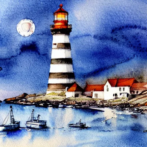 Image similar to Complex hyperdetailed serene masterpiece sketch of a captivating lighthouse, sailboats soaring in the wind, by Orris Moe, complex detailed watercolor painting, cinematic lighting,illogical surrealism.