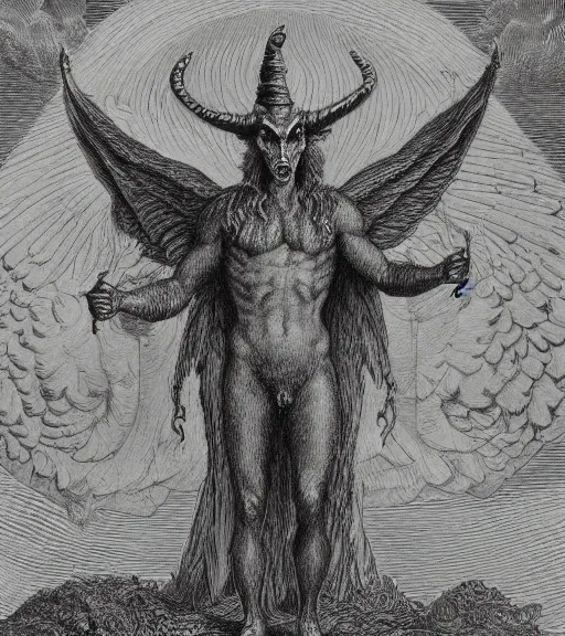 Prompt: baphomet pencil illustration by gustave dore, highly detailed, centered, concept art, smooth, sharp focus, illustration