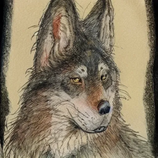 Prompt: werewolf royalty, traditional art, very fine detail and texture, in the style of beatrix potter, watercolor, colored pencil, ink, intricate details