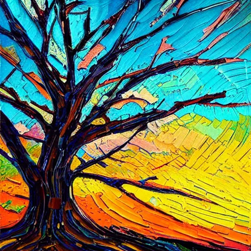 Image similar to a highly detailed painting of a tree in the sunset, an acrylic! impasto! painting by Erin Hanson, deviantart, behance contest winner, art on instagram, impressionism, rich color palette, pastel colors, vivid colors