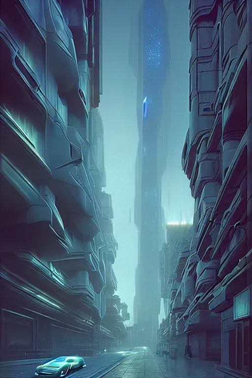 Prompt: emissary futuristic citys with orange lasers lighting the street, windows lit with blue hue, stone marble sculptures, by tim blandin and arthur haas and bruce pennington and john schoenherr, cinematic matte painting, zaha hadid building, photo realism, dark moody color palate, blue hour stars, desolate alaskan landscape,