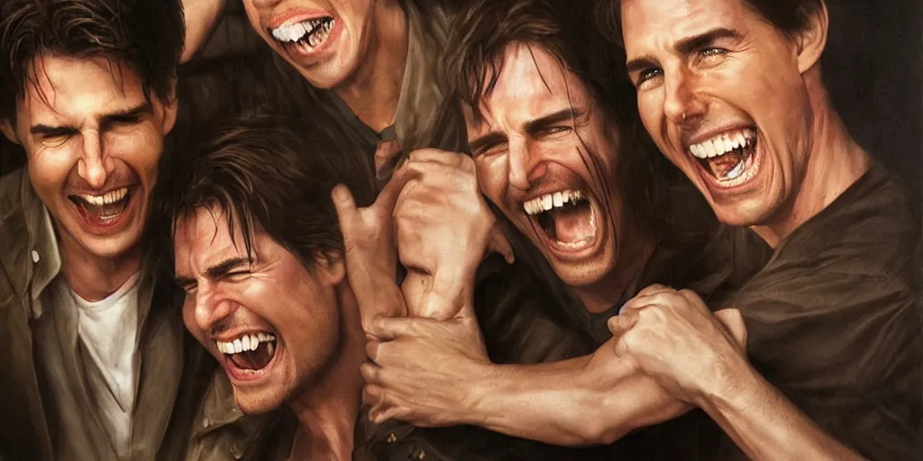 Image similar to hyper realistic tom cruise hugging tom cruise, hugging tom cruise, all overly excited, jaw unhinged with laughter and smiling, all teeth, kinda disturbing but really funny by greg rutkowski, scott m fischer, artgerm, loish, slight glow, atmospheric, anne stokes, alexandros pyromallis