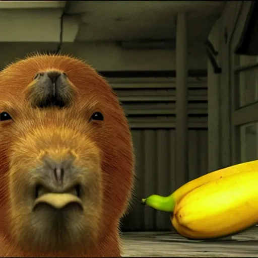 Image similar to capybara with a banana on top of its head. screenshot from max payne game