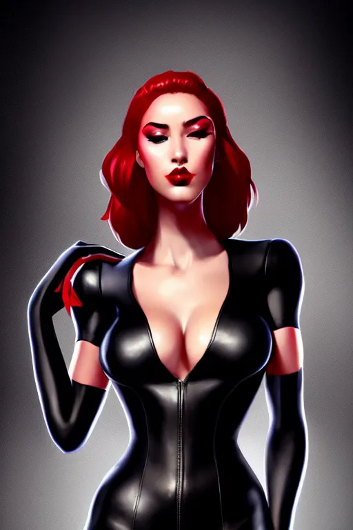 Prompt: dreamy girl character with perfect body in a nice black leather suit and red lips, very artistic pose and detailed clean face, perfect lighting. professional design. great composition, illustration, highly detailed, digital painting, concept art, trending on artstation, fantasy game art