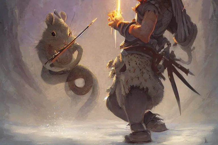 Image similar to dungeons and dragons fantasy painting, portrait of an ahigaru mouse with a matchlock, tanegashima, whimsical and cute, determined expression, watery eyes, anime inspired by krenz cushart, light grey fur, tufty whiskers, feathered arrows, bamboo forest, dawn lighting, by brian froud jessica rossier and greg rutkowski