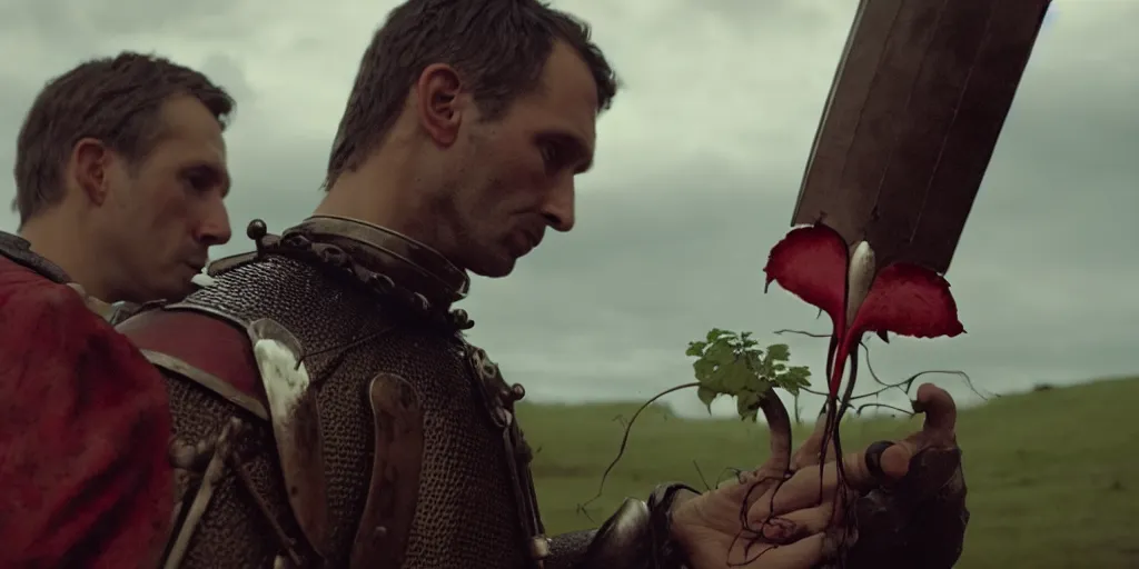 Image similar to film still of closeup the knight holds a bleeding heart in his hand by emmanuel lubezki