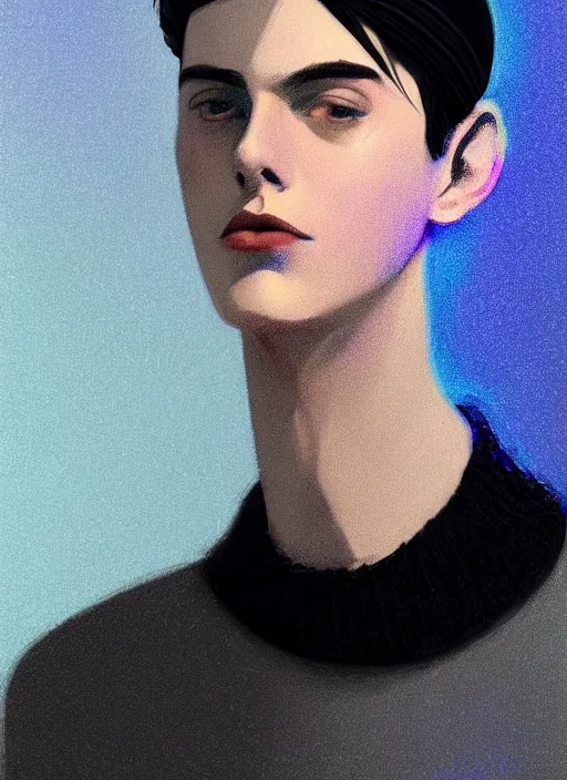 Image similar to portrait of teenage jughead jones wearing a light grey crown, crown, blue turtleneck, 1 9 5 0 s, closed eyes, photorealistic, black hair, glowing lighting, intricate, elegant, glowing lights, highly detailed, digital painting, artstation, concept art, smooth, sharp focus, illustration, art by wlop, mars ravelo and greg rutkowski