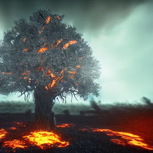 Prompt: Tree of hell, Darkness, fire, larvae, rust, black lightning, portal, cinematic, HD, ultra detail, 8k