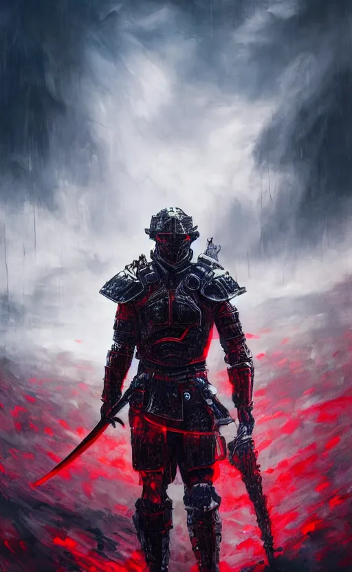 Image similar to a painting of a distant armored warrior with a sword, a sea of red in the background, dark figures in the background, cinematic, dramatic, sinister mood, highly detailed, movie poster, 8 k