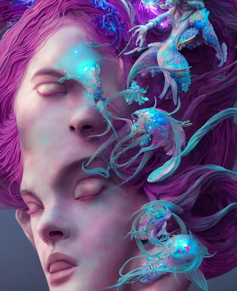 Image similar to goddess full color painted acryllic sculpture close-up portrait. orchid bird phoenix head, nautilus, skull, betta fish, bioluminiscent creatures, intricate artwork by Tooth Wu and wlop and beeple. octane render, trending on artstation, greg rutkowski very coherent symmetrical artwork. cinematic, hyper realism, high detail, octane render, 8k