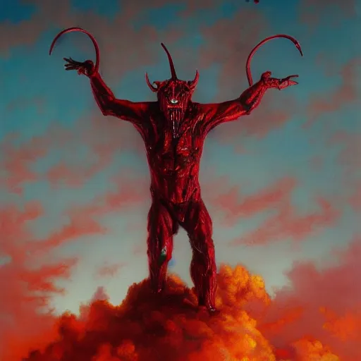 Image similar to realistic painting of a huge bloody satanic figure flying in the sky by michael whelan, ultra realistic, 8 k, streched and creepy painting. trending on, octane renderer, mesmerizing, aesthetic, beautiful