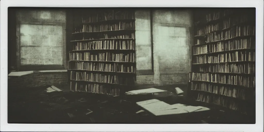 Prompt: analog polaroid of an abandoned library, colored books, dusty, lens flare, ambient lighting, color bleed