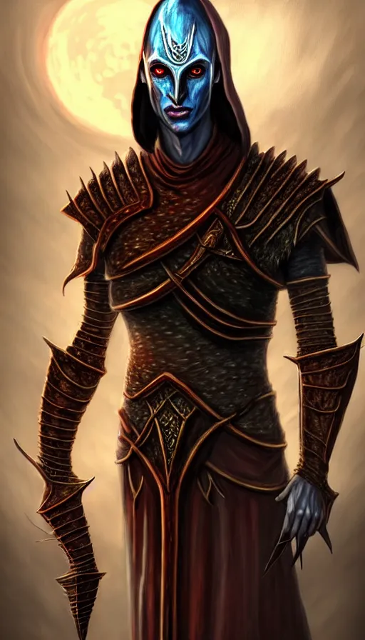 Image similar to hyperrealistic full body image of morrowind dunmer male nerevarine in front of balmora, red eyes, daedric script, telvanni, symmetrical face, handsome face, full body dnd character portrait, medieval armor, morrowind armor, oblivion armor, skyrim armor, eso armor, intricate, highly detailed, elegant, artstation, deviantart