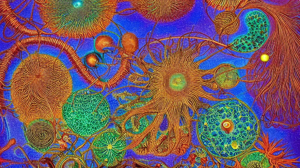 Image similar to quantum connections represented as symbiotic organisms like cells playing around with colorful lights by ernst haeckel, squishy