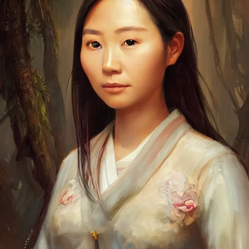 Image similar to portrait of an taiwanese woman ( 3 5 ) from taiwan in 2 0 2 1, an oil painting by ross tran and thomas kincade