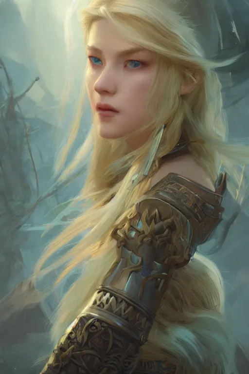 Prompt: ultra detailed beautiful female viking, blond long hair, green eyes, sharp bone structure, extremely detailed digital painting, in the style of fenghua zhong and ruan jia and jeremy lipking and peter mohrbacher, mystical colors, rim light, beautiful lighting, 8 k, stunning scene, raytracing, octane, trending on artstation