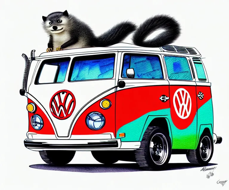 Image similar to cute and funny, binturong driving a tiny hot rod vw camper van with an oversized engine, ratfink style by ed roth, centered award winning watercolor pen illustration, isometric illustration by chihiro iwasaki, edited by craola, tiny details by artgerm and watercolor girl, symmetrically isometrically centered