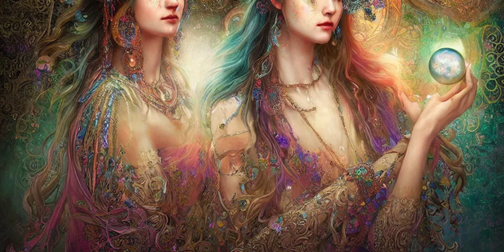 Prompt: a portrait of ethereal gypsy women with detailed eyes and glowing faces, moon, crystal ball, photorealistic, colorful dresses, in the style of in the style of ruan jia, karol bak, holographic undertones, ornate art nouveau zodiac astrology stained glass forest background, iconography, smooth, sharp focus, dramatic lighting, intricate details, hdr, artstation