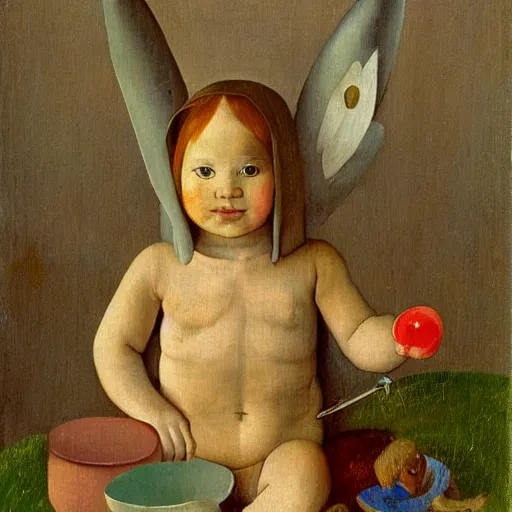 Image similar to little girl, bunny suit, artwork in hieronymus bosch art style, inspired in balthus, clean details, baby color palette, candy, anatomically proportional, hd