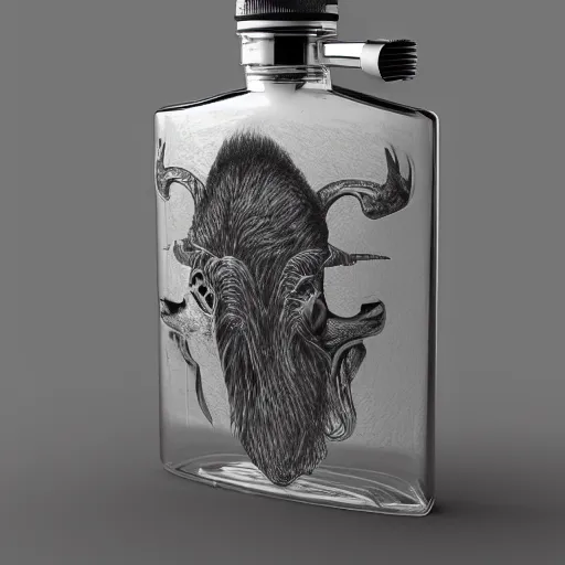 Image similar to transparent ancient boar skull flask, raytracing, orthographic 3d rendering, octane render