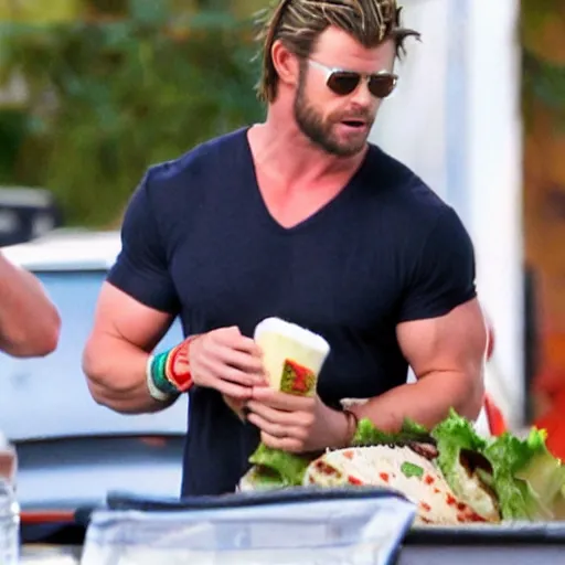 Prompt: chris hemsworth wearing a mexican sombrero, eating a burrito