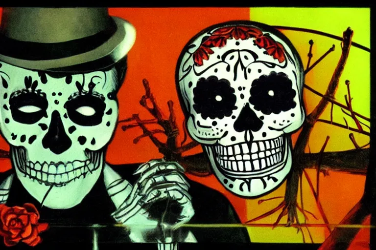 Image similar to scene from scarface, day of the dead, cyber skeleton, neon painting by otto dix