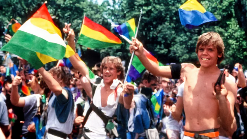 Prompt: rotj luke skywalker goes to pride, getty images, victorious, flags, parade, gay rights, bright smiles, daylight, twenty three year old luke skywalker at gay pride, 3 5 mm photography, very happy, smiling