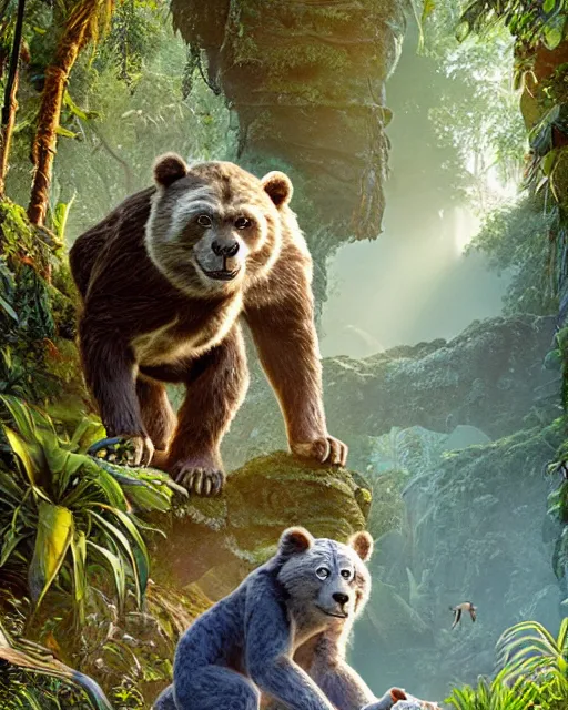Image similar to still from the jungle book if made by elon musk and bill gates, portrait, illustration, rim light, top light, summer clear blue sky, perfectly shaded, soft painting, epic, intricate, art