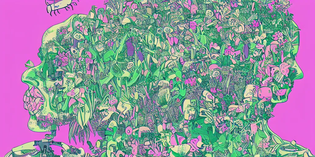 Prompt: gigantic head floating above huge insects, tiny robots, a lot of exotic flowers and plants, risograph!!!, flat surreal design, super - detailed, a lot of tiny details, fullshot, by luigi serafini