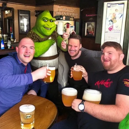 Image similar to Shrek having a pint with the lads at the local pub