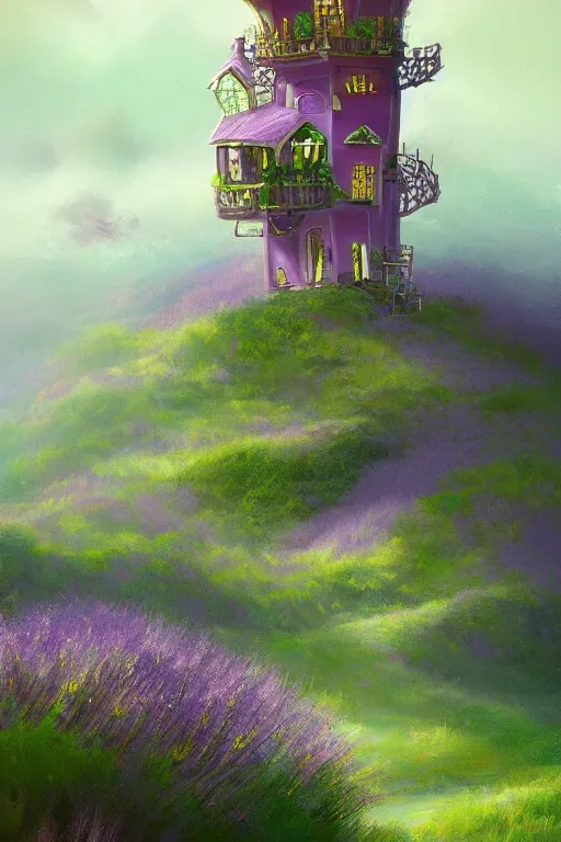 Prompt: beautiful digital matter cinematic painting of whimsical tall house, green hills with lavender bushes, whimsical storybook style by greg rutkowki artstation