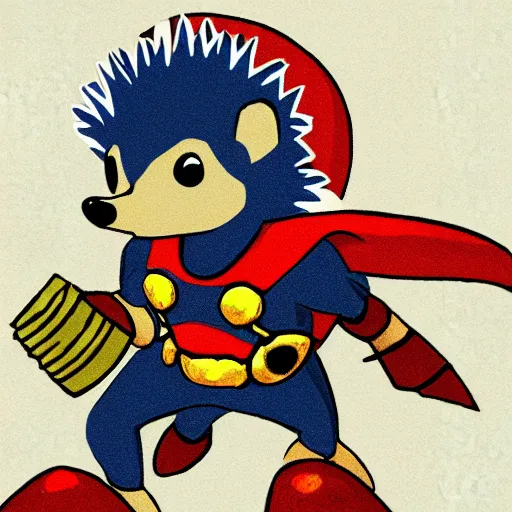 Image similar to the hedgehog thor ~ holding his hammer ~ dramatic thunder background ~ fighting scene ~