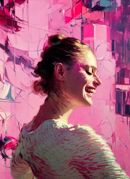 Image similar to portrait of a beautiful girl, smiling, ecstatic, dancing, eyes closed, open mouth, shades of pink, beautiful face, rule of thirds, intricate outfit, spotlight, by greg rutkowski, by jeremy mann, by francoise nielly, by van gogh, digital painting