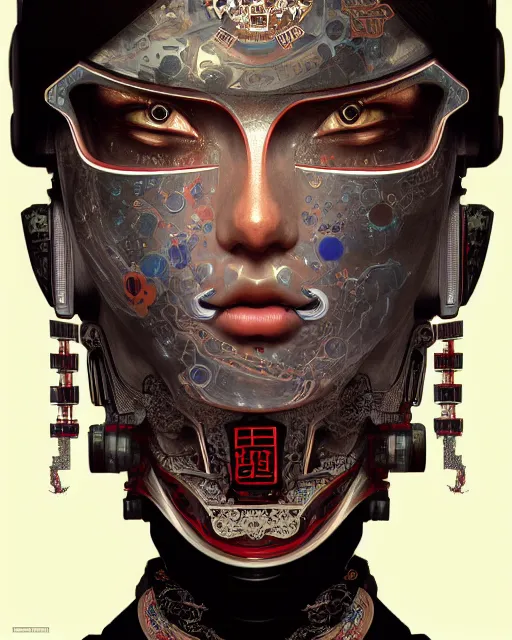 Image similar to portrait of a cyberpunk machine, machine face, upper half portrait, decorated with chinese opera motifs, asian, fine china, traditional chinese art, intricate, elegant, highly detailed, symmetry, headpiece, digital painting, artstation, concept art, smooth, sharp focus, illustration, art by artgerm and greg rutkowski and alphonse mucha, 8 k