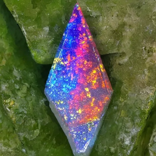 Prompt: Prismatic opaline shard raining from the heavens