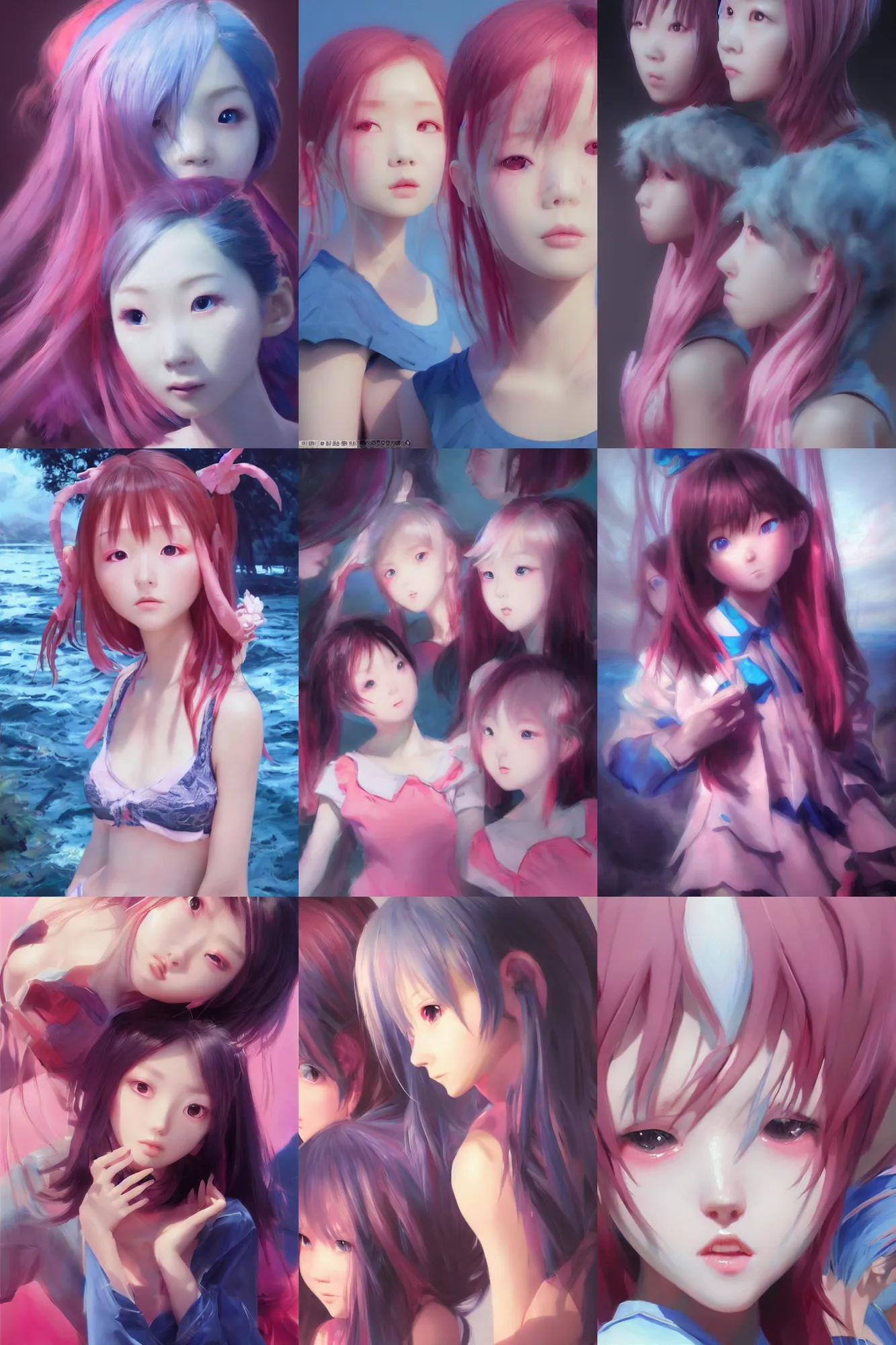 Prompt: 3d dark infrared octane render concept art by D. Jun, by Mo Xiang Tong Xiu, by Igarashi Daisuke, beauty portrait anime schoolgirls under dark pink and blue water. cute face. dramatic light, trending on artstation, oil painting.