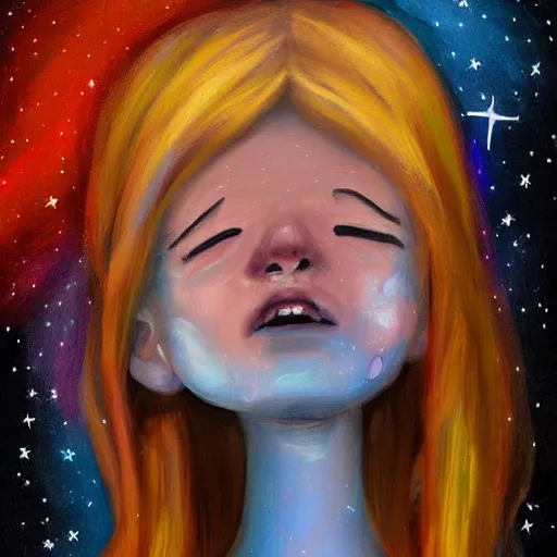 Prompt: a girl crying, stars in the sky, expressive oil painting, cold weather, digital art, by Josh Collins, emotional art