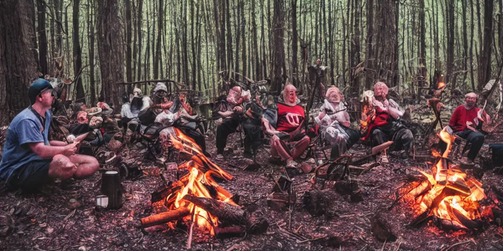 Prompt: old forest hermits holding voodoo dolls around a wildly lit campfire in an ominous forest, photography