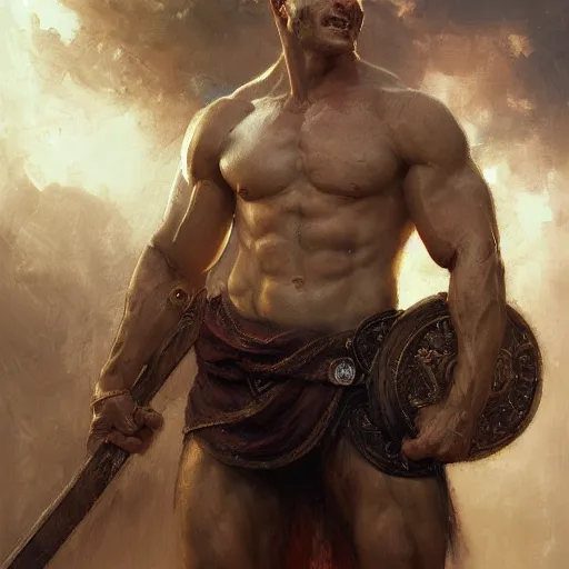 Prompt: handsome portrait of a spartan guy bodybuilder posing, radiant light, caustics, war hero, final fantasy, by gaston bussiere, bayard wu, greg rutkowski, giger, maxim verehin