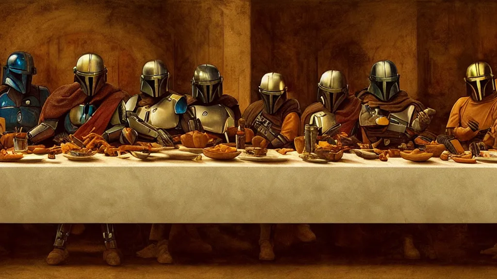 Image similar to mandalorian last supper, by leonardo davinci, concept art, oil painting, art station, dynamic lighting, highly detailed, very detailed, 4 k