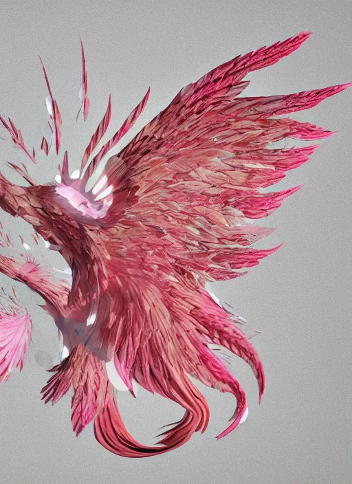 Image similar to white phoenix orange pink salt crystals sharp detail 3d render simple background sharp contrast feathers graphic design fai khadra gaika style