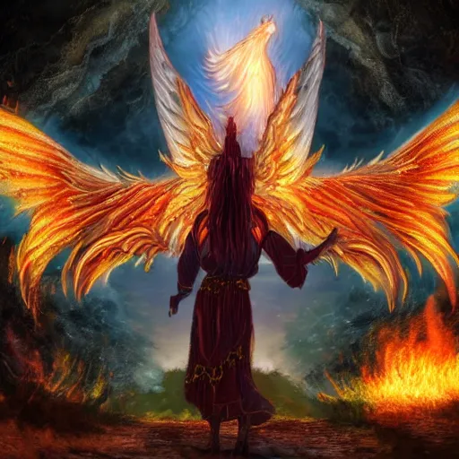 Prompt: a flaming bright huge towering humanoid winged entity standing at the guard of a gate located where rivers tigri and eufrates meets. he is holding a fiery giant greatsword